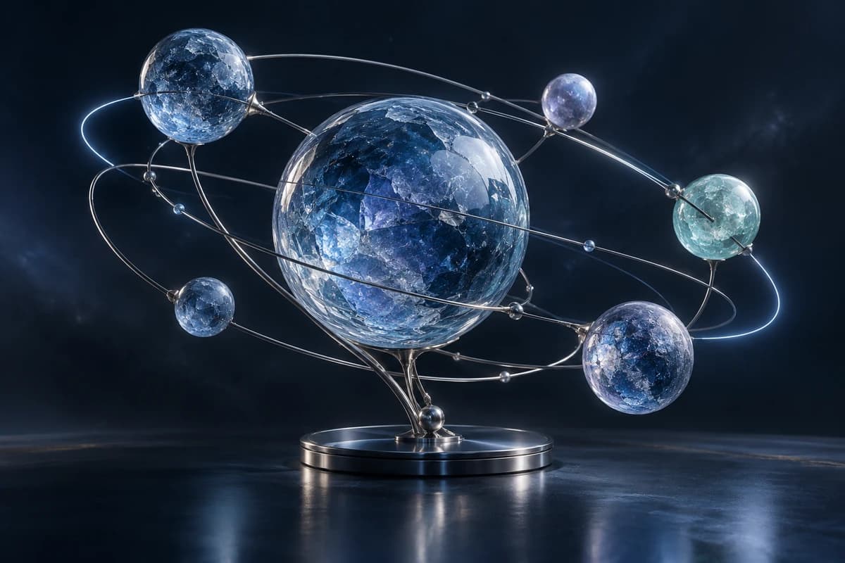 Constellation: six blue crystalline spheres connected in a dimensional orbital sculpture.