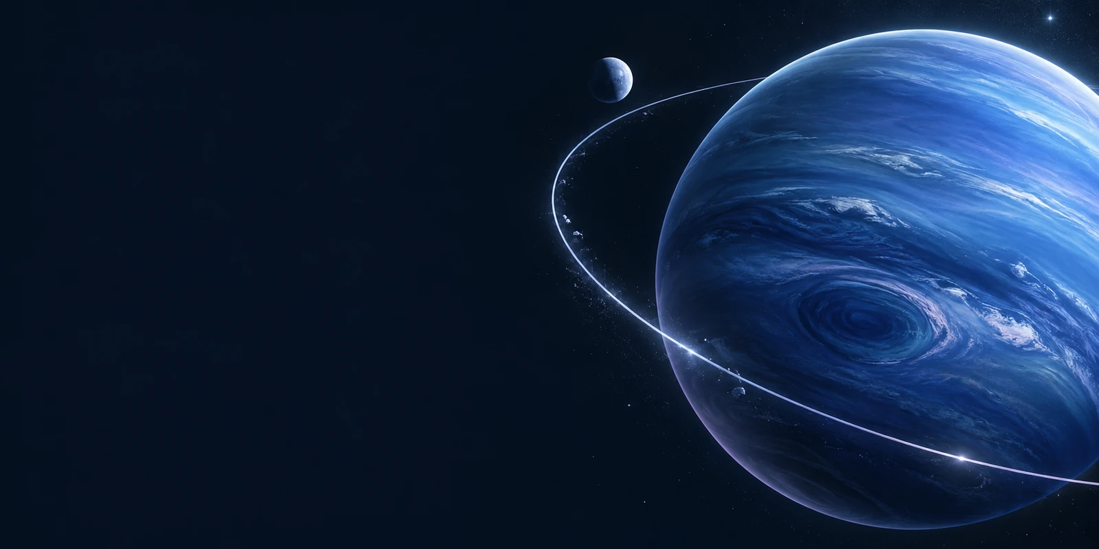 A cinematic blue Neptune with atmospheric cloud bands, a luminous orbital path and a small moon.